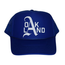 Load image into Gallery viewer, Royal Blue trucker hat with impAvid Oakland design in white
